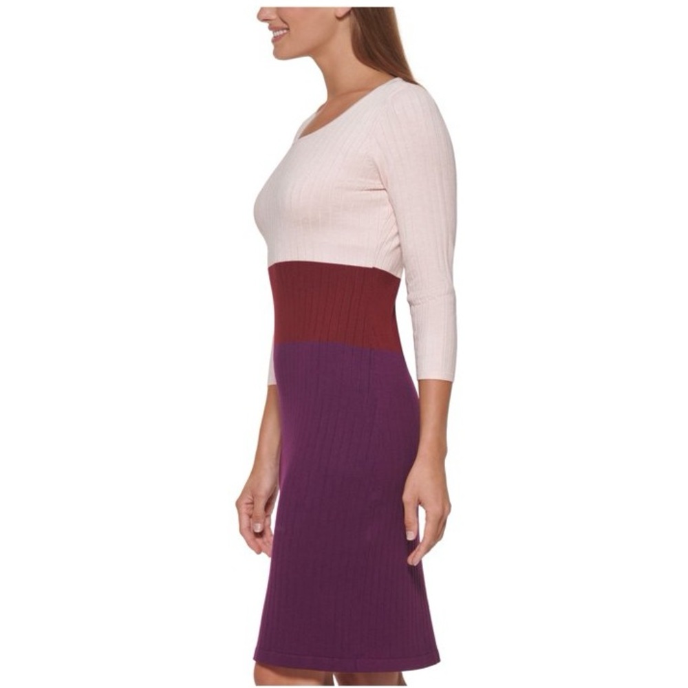 Calvin Klein Colorblock Ribbed Knit Midi Sweater Dress Cream Purple, size M - Picture 2 of 10